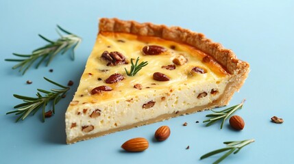 A slice of Coronation quiche with buttery crust, isolated on a pastel blue background with sprigs of rosemary and scattered nuts