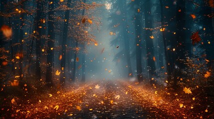 Serene Pathway Through a Mystical Foggy Autumn Forest