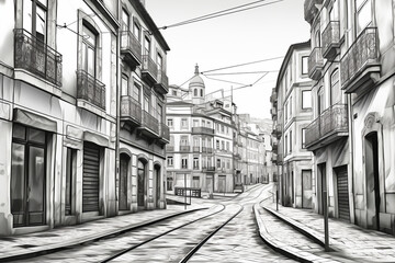 Fototapeta premium black and white clean coloring page for adults, street shot of downtown, Porto
