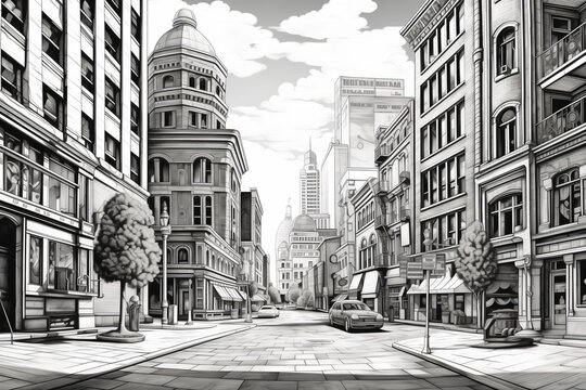 black and white clean coloring page for adults, street shot of downtown, Moscau