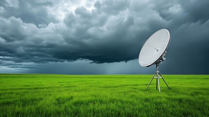 Radar Scanning for Lightning Strikes: A flat, open field under stormy skies, with radar dishes pointing toward dark clouds. The radar system is monitoring the skies for lightning strikes and storm.