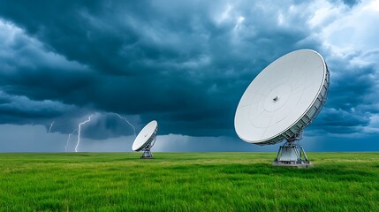 Radar Scanning for Lightning Strikes: A flat, open field under stormy skies, with radar dishes pointing toward dark clouds. The radar system is monitoring the skies for lightning strikes and storm.
