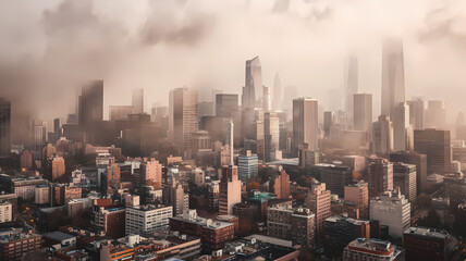 Obraz premium A city skyline blurred by toxic smog, with buildings and landmarks barely visible through the haze