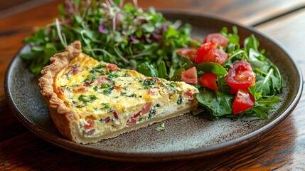 Coronation quiche served with a side of fresh salad, isolated on a warm rustic wood background with decorative microgreens