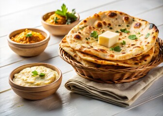 Fresh Tandoori Roti and Butter Naan Isolated on White Background for Food Photography