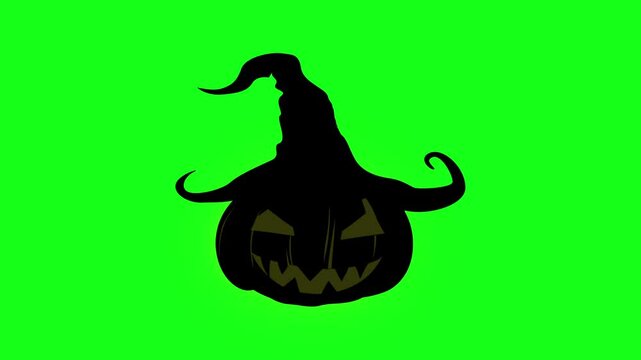 Black vector Jack o&rsquo; lantern pumpkin with witch hat and flicker light inside animated on green screen. Halloween, scary, spooky, horror element for editing