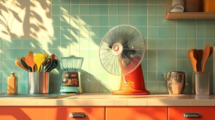 A classic electric fan in a retro kitchen, set against colorful tiles and vintage decor, creating a nostalgic vibe reminiscent of family gatherings in the 1950s.