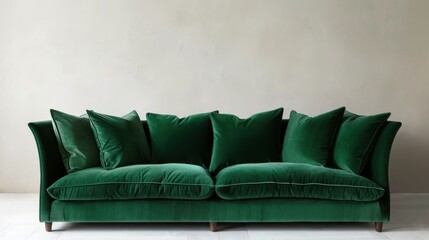 Obraz premium Green Velvet Sofa with Pillows in Front of White Wall