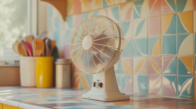 A classic electric fan in a retro kitchen, set against colorful tiles and vintage decor, creating a nostalgic vibe reminiscent of family gatherings in the 1950s.