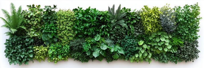 Green Plants Wall Foliage, Lush Vertical Garden with Ferns, Moss, and Leaves on White Background, Nature Asset Concept, Natural Home Decor Design