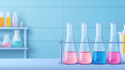 Colorful laboratory glassware with liquids on a blue background.