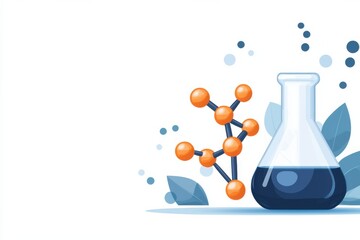 Laboratory flask with blue liquid and molecular structure on white isolated background.