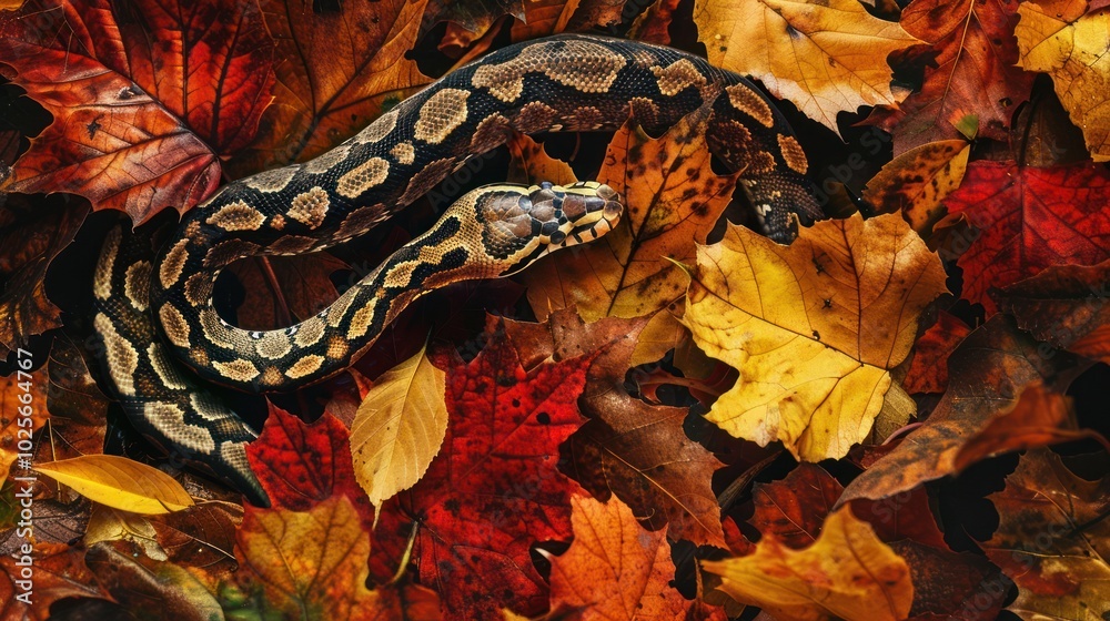 Wall mural A Snake Camouflaged in a Bed of Autumn Leaves