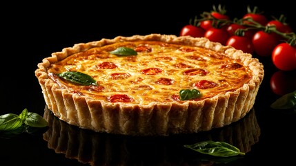 Golden Coronation quiche with a crisp pastry crust, isolated on a matte black background with cherry tomatoes and basil leaves