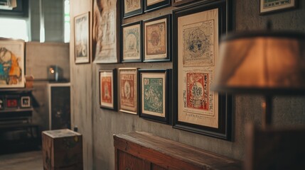 Fototapeta premium A framed set of vintage stamps hanging on a wall, with intricate designs and colors, adding a sense of history and nostalgia to the room decor.