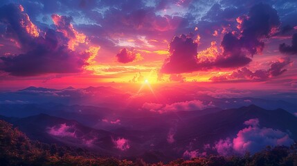 Warm Light of Sunset Over Breathtaking Mountain Landscape