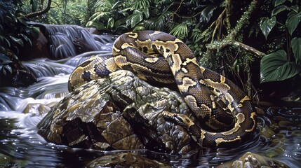 A Python Snake Coiled on a Rock Beside a Waterfall
