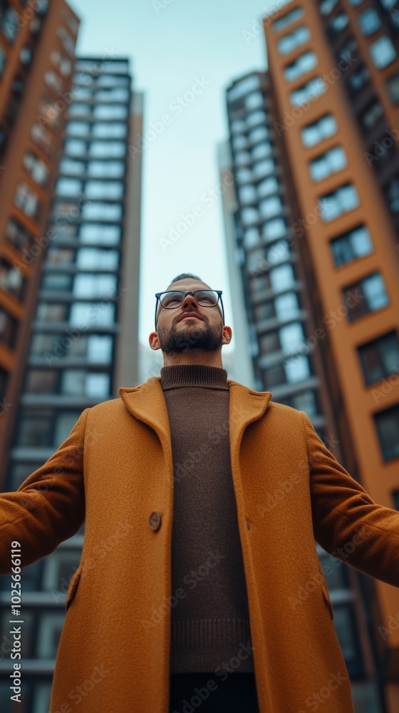 Wall mural a man in a yellow coat stands in front of a building