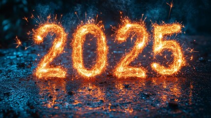 Happy New Year 2025. Burning glowing sparkling text 2025. Beautiful Glowing design element for greeting card and holiday flyer