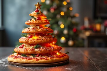 Festive pizza christmas tree with star topping for holiday celebration decor.