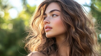 Fototapeta premium A woman with long, wavy hair styled in loose beach waves, wearing a casual summer outfit, standing outdoors with a natural sunlight backdrop, embodying effortless beauty.
