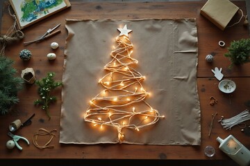 Creative diy christmas tree with string lights on fabric background. - Powered by Adobe