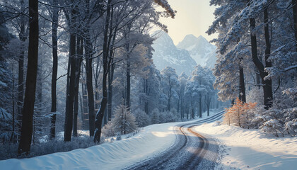 Obraz premium Snowy Mountain Road Through Winter Forest. Winter Wonderland with Snow-Covered Mountain Path