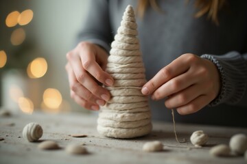 Handmade woolen christmas tree crafting for festive home decor.