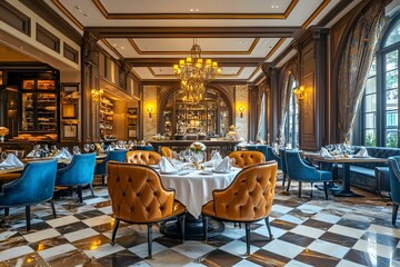 Elegant Dining Room: Luxurious and opulent this meticulously designed restaurant interior invites guests to indulge in an unforgettable dining experience. Luxurious Restaurant Interior