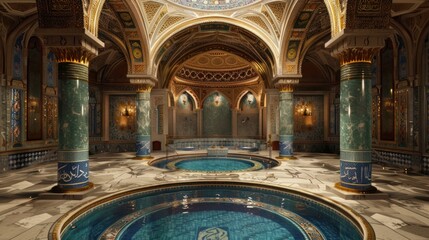 Obraz premium Luxurious Arabic-Style Spa with Two Pools and Ornate Columns