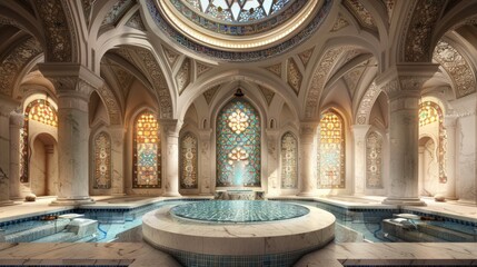 Obraz premium An ornate interior with a marble fountain and stained glass windows in a pool.