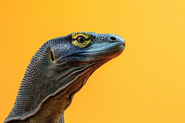 Fototapeta premium Close-up of a Komodo Dragon's Head with Yellow Background