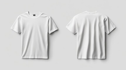 Naklejka premium Simple white male T-shirt mockup, showcasing both front and back views on a plain background for template design.