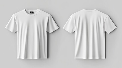Naklejka premium Simple white male T-shirt mockup, with front and back views displayed side by side, perfect for showcasing template designs.