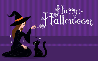 witch, with black cat, illustration, in the moonlight, with the text, Happy Halloween, background, banner