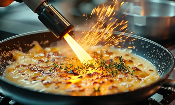 A chef using a torch to caramelize a dish in a pan.