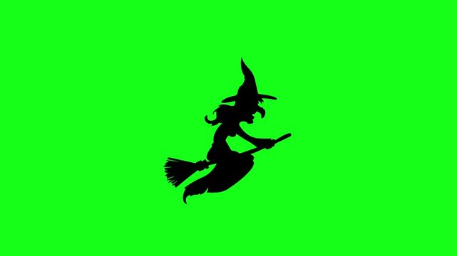 Silhouette witch flying on broomstick animated on green screen. vector animation for Halloween, scary, spooky, horror editing