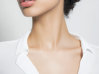 Elegant close up of womans neck and collarbone, showcasing smooth skin and minimalist white shirt. image conveys sense of grace and simplicity