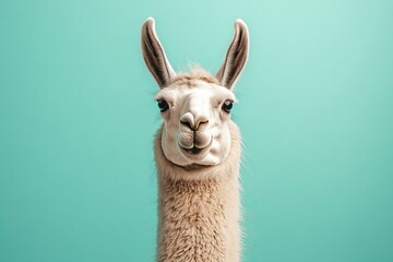 Obraz premium Close-up Portrait of a White Llama with Curious Expression Against a Turquoise Background