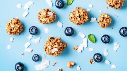 Cashew granola clusters, isolated on a light blue background with decorative fresh blueberries and coconut shavings