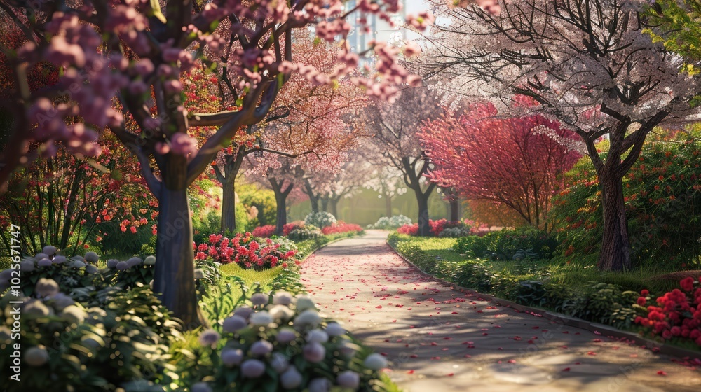 Poster A winding path through a vibrant garden with blooming trees