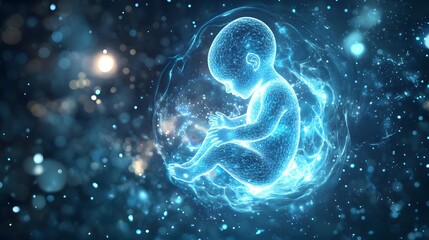 35. A floating hologram of a fetus developing in a glowing environment