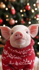 クリスマスツリーの前で赤いセーターを着た子豚が微笑んでいる