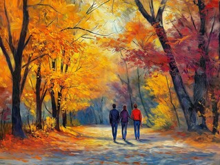 Cheerful group in the park: joy of an autumn walk