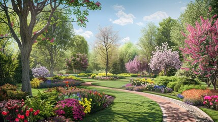 Obraz premium A Winding Path Through a Lush Garden with Colorful Flowers