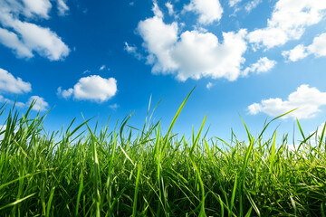 Fototapeta premium Fresh Green Grass and Blue Sky Horizon: Tranquil Outdoor Nature Scene