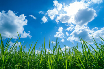 Fresh Green Grass and Blue Sky Horizon: Tranquil Outdoor Nature Scene