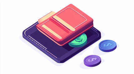 isometric illustration of a wallet with money inside on white background