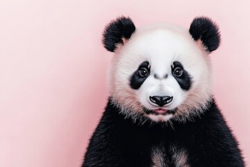 Obraz premium Close-up Portrait of a Curious Panda Cub Against a Pink Background