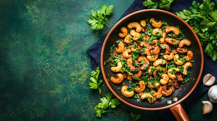Roasted cashews in a copper pan, isolated on a dark green background with decorative fresh parsley and garlic cloves